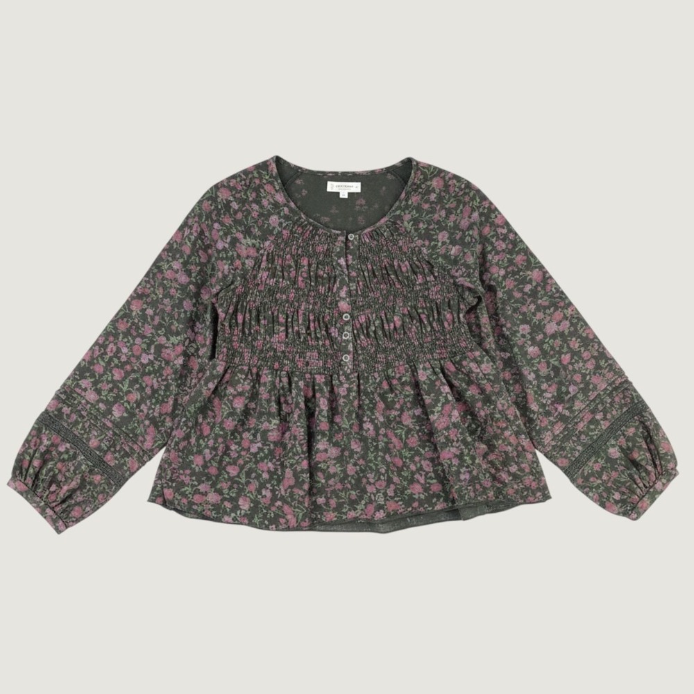 Lucky Brand Floral Smocked Peplum Top Women XS Green Boho Long Sleeve Cotton